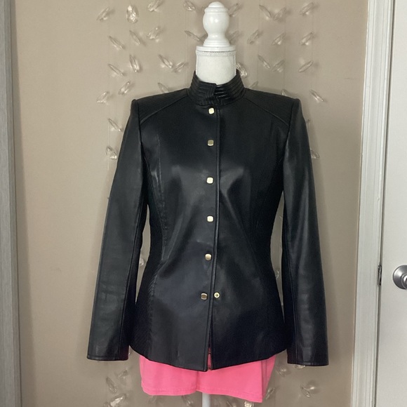 Dana Buchman Leather Gold Square Button Jacket - Picture 3 of 16